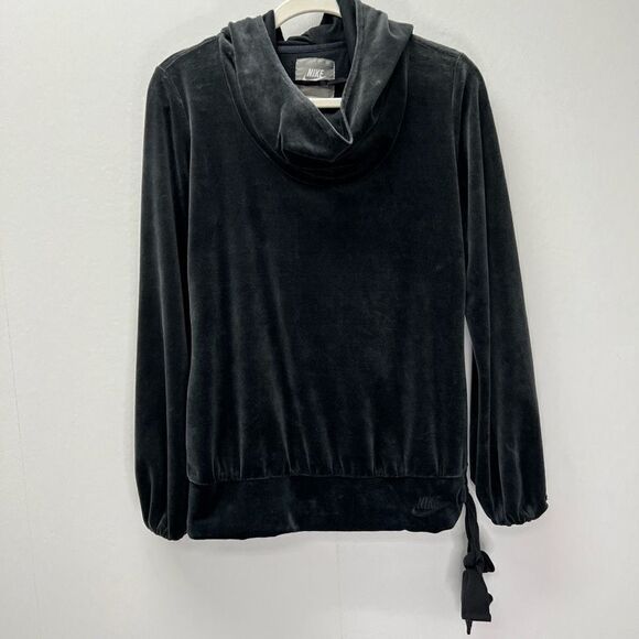 Nike Dark Gray Velvet Velour Hooded Cowl Neck Ribbon Drawstring Pullover Hoodie - Picture 1 of 8